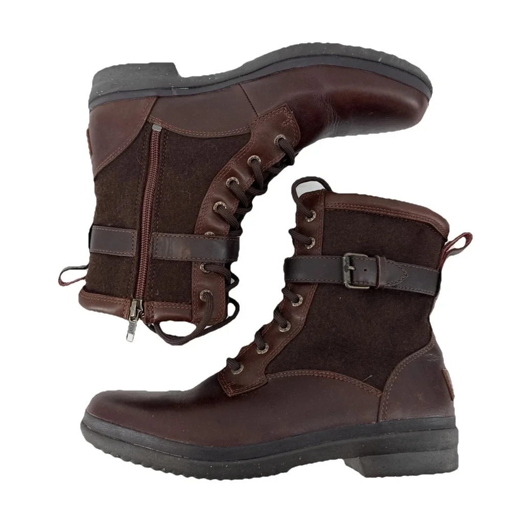 UGG Kesey Waterproof Boots Women 9 Brown Leather Suede Sheepskin Lace Up